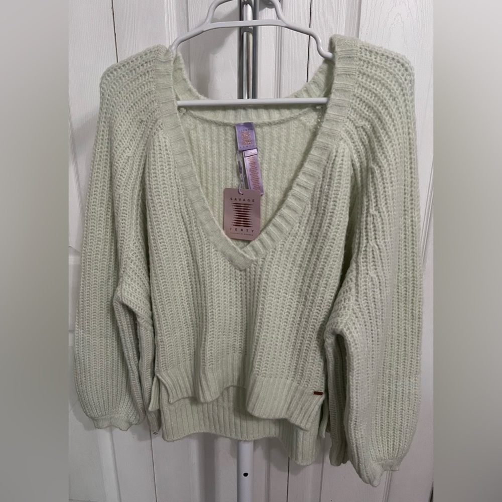 Savage X Fenty Soft Fuzzy Chunky V Neck Sweater Size 1X Light Mint Green NWT